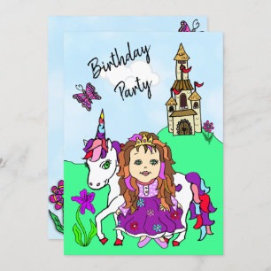 Princess and Unicorn Girl's Birthday Party Kaart