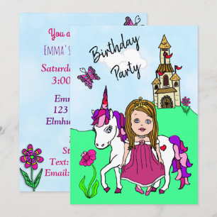 Princess and Unicorn Girl's Birthday Party Kaart