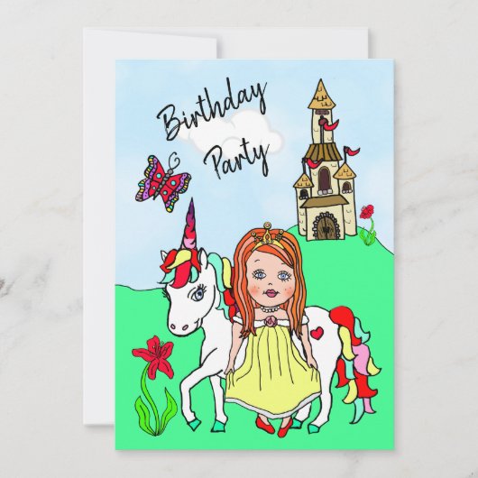 Princess and Unicorn Girl's Birthday Party Kaart (Voorkant)