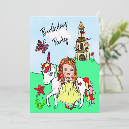 Princess and Unicorn Girl's Birthday Party Kaart (Staand voorkant)