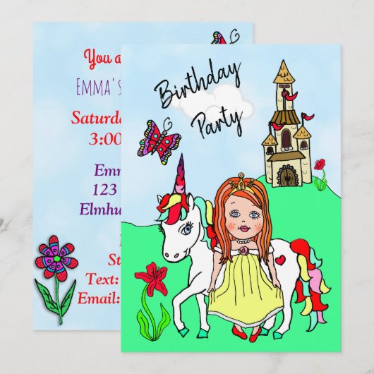 Princess and Unicorn Girl's Birthday Party Kaart (Voorkant / Achterkant)