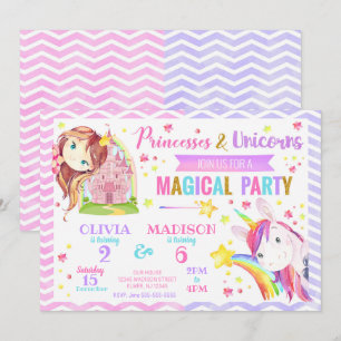Princess and Unicorn Joint Birthday Invitation Kaart