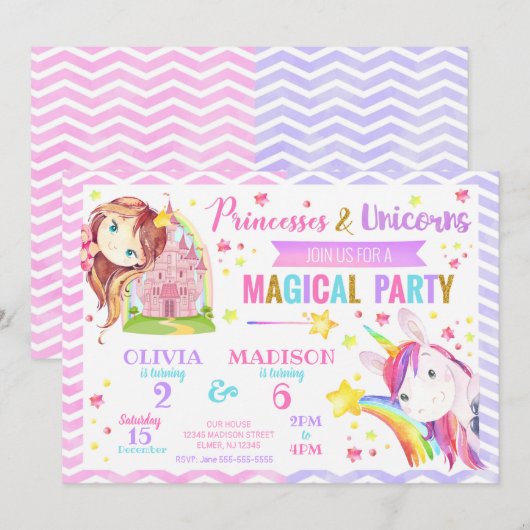 Princess and Unicorn Joint Birthday Invitation Kaart (Voorkant / Achterkant)