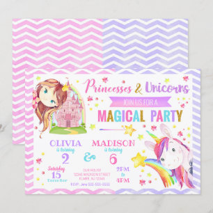 Princess and Unicorn Joint Birthday Invitation Kaart