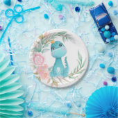 Princess Aqua Dinosaur Pink Peony Baby shower Papieren Bordje (Feest)