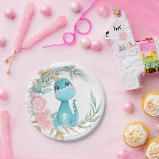Princess Aqua Dinosaur Pink Peony Baby shower Papieren Bordje (Feest)