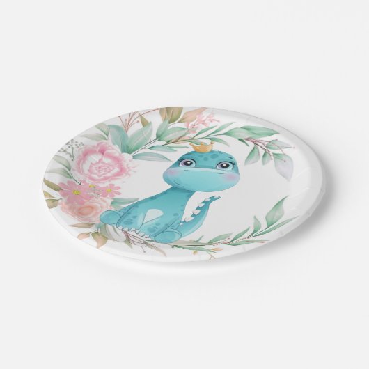 Princess Aqua Dinosaur Pink Peony Baby shower Papieren Bordje (Gekanteld)