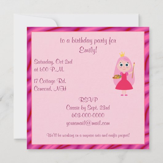 Princess Arts and Crafts Birthday Party Kaart (Achterkant)