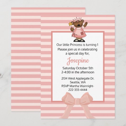 Princess Baby Girl First Birthday Invitation Kaart (Voorkant / Achterkant)