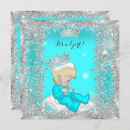 Princess Baby shower Blauwgroen Blue Silver Blonde Kaart