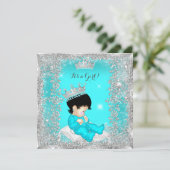 Princess Baby shower Blauwgroen Blue Silver Brunet Kaart (Staand voorkant)