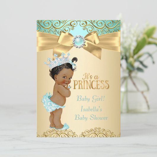 Princess Baby shower Blauwgroen Gold Damask Etnic Kaart (Staand voorkant)