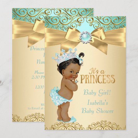 Princess Baby shower Blauwgroen Gold Damask Etnic Kaart (Voorkant / Achterkant)