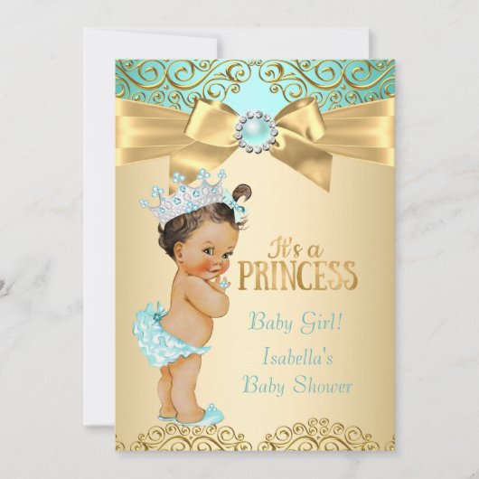 Princess Baby shower Blauwgroen Gold Damask Kaart (Voorkant)