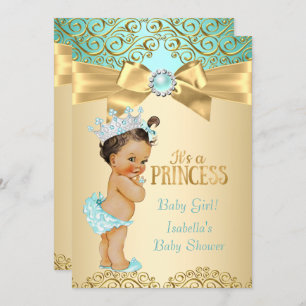 Princess Baby shower Blauwgroen Gold Damask Kaart