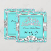 Princess Baby shower Girl Blauwgroen Silver damask Kaart (Voorkant / Achterkant)