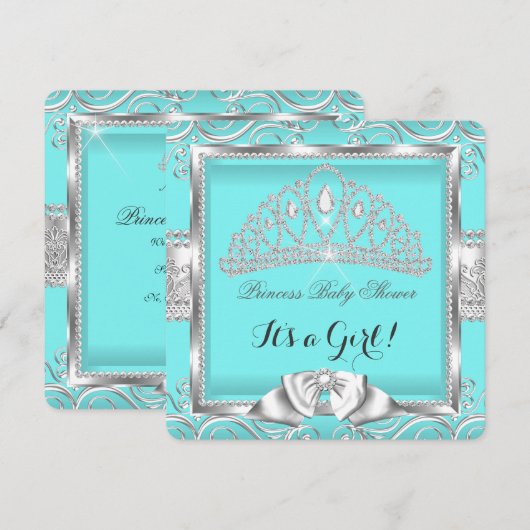 Princess Baby shower Girl Blauwgroen Silver damask Kaart (Voorkant / Achterkant)