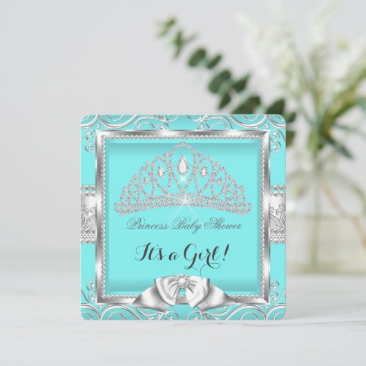 Princess Baby shower Girl Blauwgroen Silver damask Kaart (Staand voorkant)