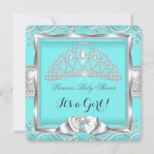 Princess Baby shower Girl Blauwgroen Silver damask Kaart (Voorkant)