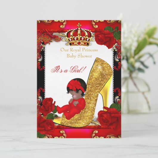 Princess Baby shower Girl Gold Red Rose Ethnic Kaart (Staand voorkant)
