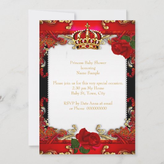 Princess Baby shower Girl Gold Red Rose Ethnic Kaart (Achterkant)