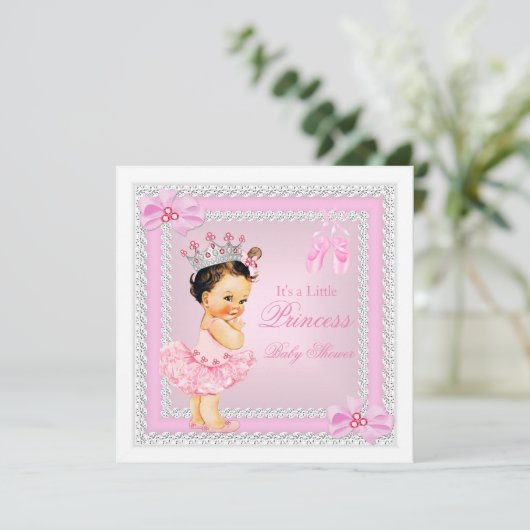 Princess Baby shower Girl Pink Ballerina Brunette Kaart (Staand voorkant)