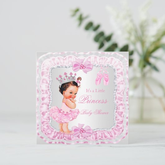 Princess Baby shower Girl Pink Ballerina Brunette Kaart (Staand voorkant)