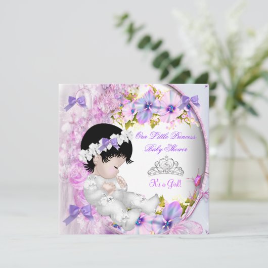 Princess Baby shower Girl Pink Paars Floral 3 Kaart (Staand voorkant)
