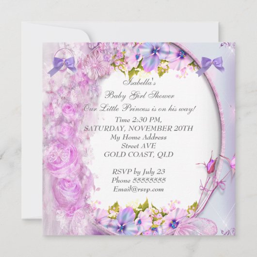 Princess Baby shower Girl Pink Paars Floral 3 Kaart (Achterkant)