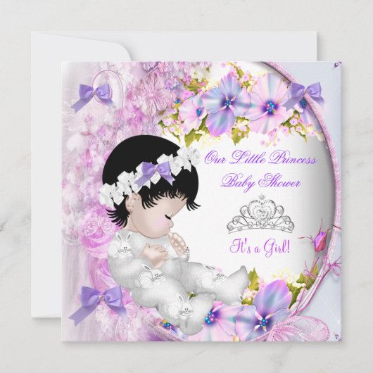 Princess Baby shower Girl Pink Paars Floral 3 Kaart (Voorkant)