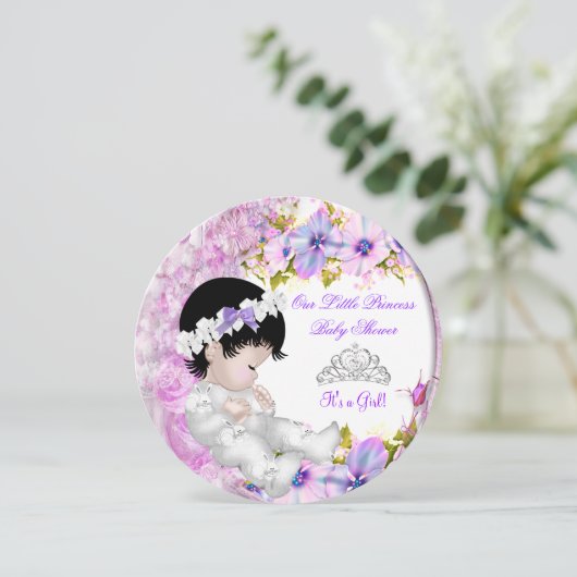 Princess Baby shower Girl Pink Paars Floral 3a Kaart (Staand voorkant)