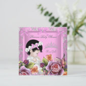 Princess Baby shower Girl Pink Rose Tiara Damask Kaart (Staand voorkant)