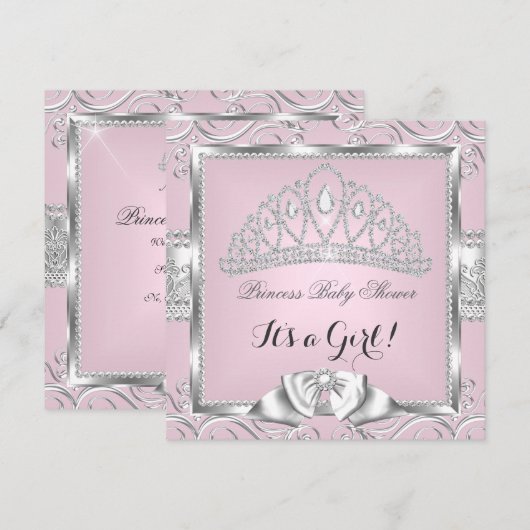 Princess Baby shower Girl Pink Silver demask Kaart (Voorkant / Achterkant)