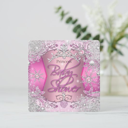 Princess Baby shower Girl Pink Silver Snowflakes Kaart (Staand voorkant)