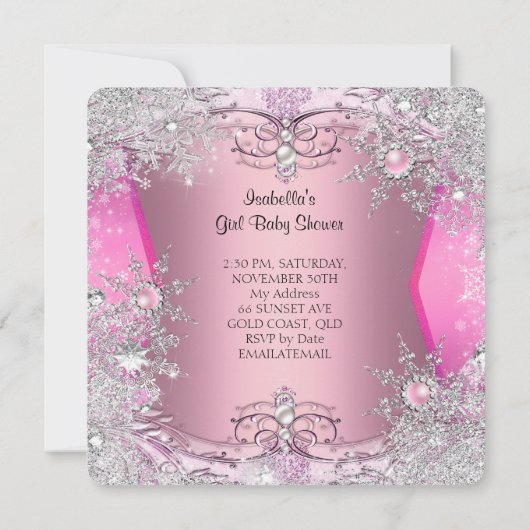 Princess Baby shower Girl Pink Silver Snowflakes Kaart (Achterkant)