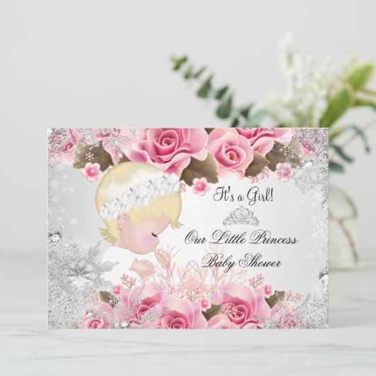 Princess Baby shower Girl Pink Snowflake Rozen 2 Kaart (Staand voorkant)