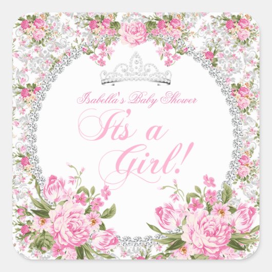Princess Baby shower Girl  Roos Floral Vierkante Sticker (Voorkant)