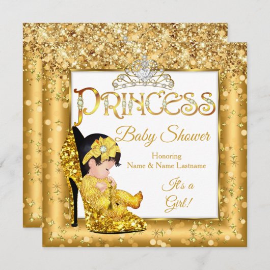 Princess Baby shower Gold High Heel Glitter Medium Kaart (Voorkant / Achterkant)