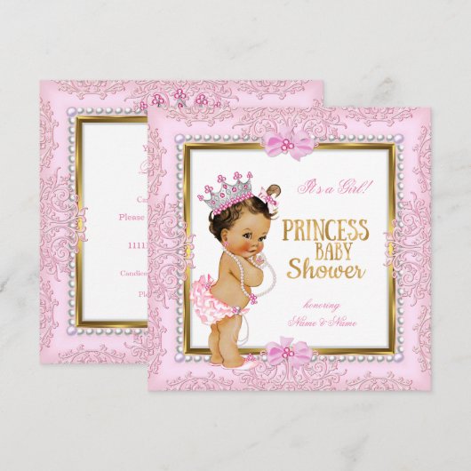 Princess Baby shower Gold Pink Pearls Lace Kaart (Voorkant / Achterkant)