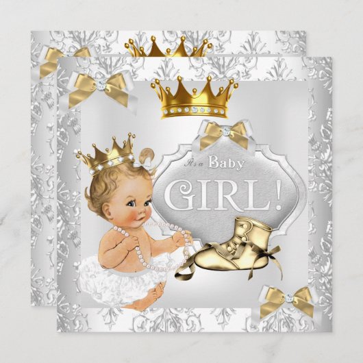 Princess Baby shower Gold Silver Damask Blonde Kaart (Voorkant / Achterkant)