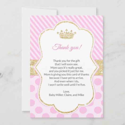 Princess Baby shower - Hartelijk dank voor uw kaar Bedankkaart (Voorkant)