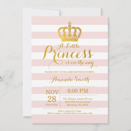 Princess Baby shower Invitation Pink and Gold Kaart (Voorkant)