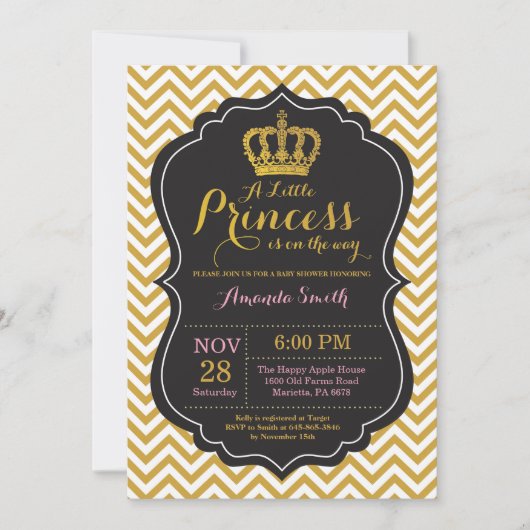 Princess Baby shower Invitation Pink and Gold Kaart (Voorkant)