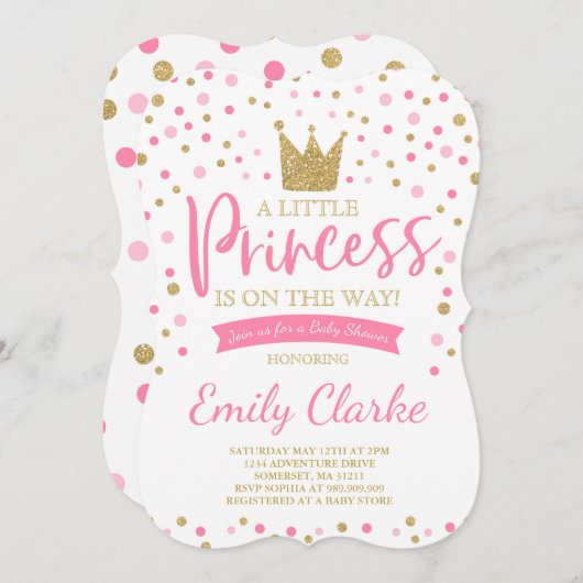 Princess Baby shower Invitation Pink Gold Shower Kaart (Voorkant / Achterkant)