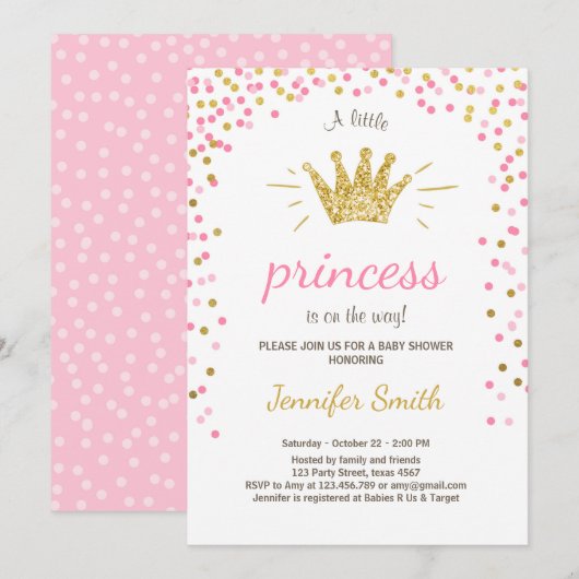 Princess Baby shower Invitation roink Gold Glitter Kaart (Voorkant / Achterkant)