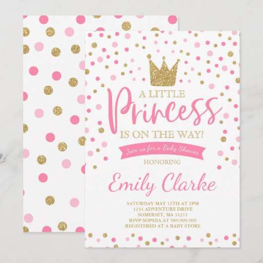 Princess Baby shower Invitation Roze gouden douche Kaart (Voorkant / Achterkant)