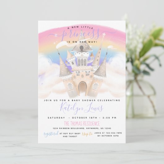 Princess Baby shower Invitation with Rainbow Kaart (Staand voorkant)