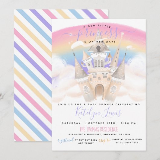 Princess Baby shower Invitation with Rainbow Kaart (Voorkant / Achterkant)