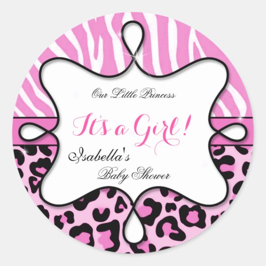 Princess Baby shower Meisje Roze Leopard Zebra Ronde Sticker (Voorkant)