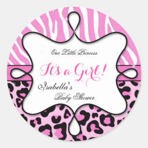Princess Baby shower Meisje Roze Leopard Zebra Ronde Sticker
